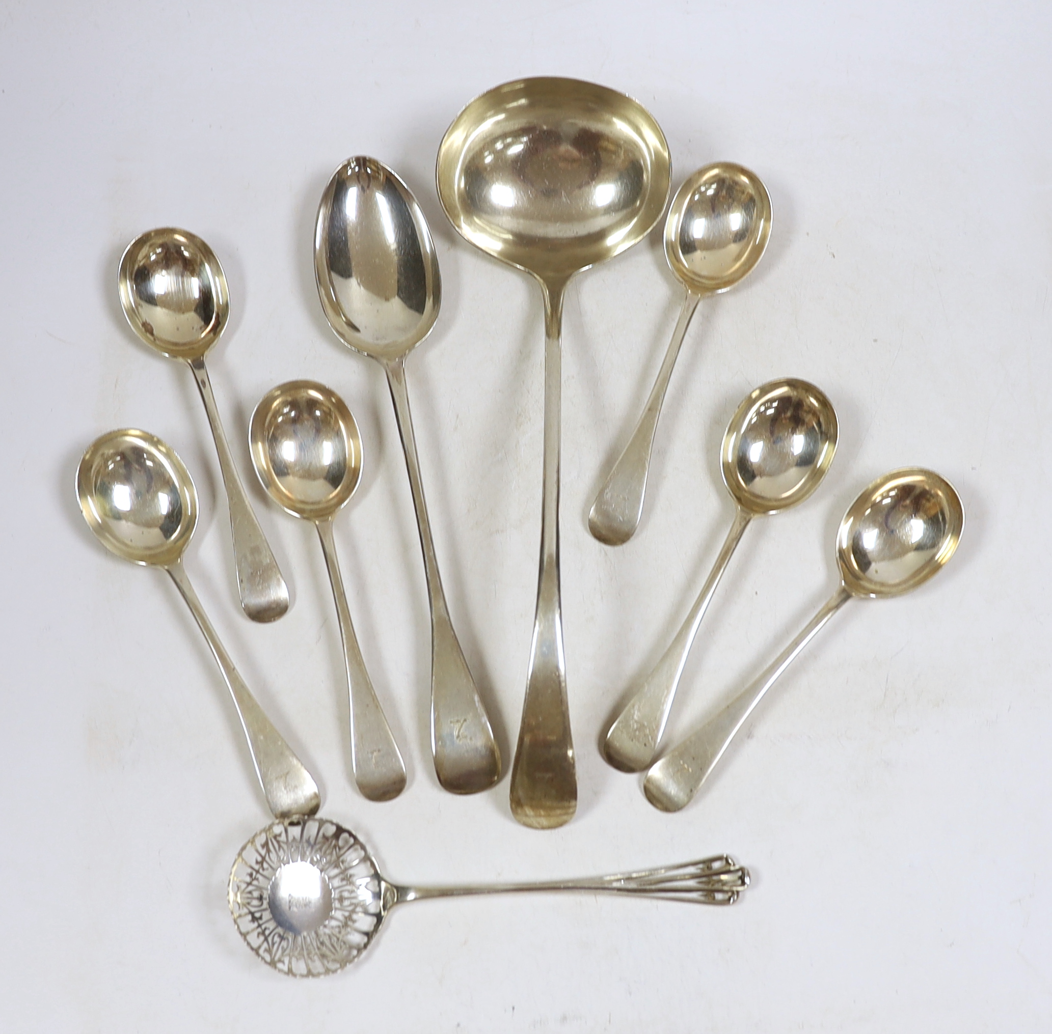 A George V silver Old English pattern soup ladle, basting spoon and set of six soup spoons, John Round & Sons, Sheffield, 1912, together with a pair of silver sifter spoons, same maker, 27.3oz.